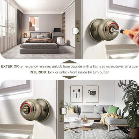 Privacy Door Knob Lock Set For Interior Bedroom And Bathroom Doors Keyless Turn Button Privacy Round Ball Handle In Antique Brass Stainless Steel Durability 5 Pack, showing turn-button mechanism in bedroom and living room settings.