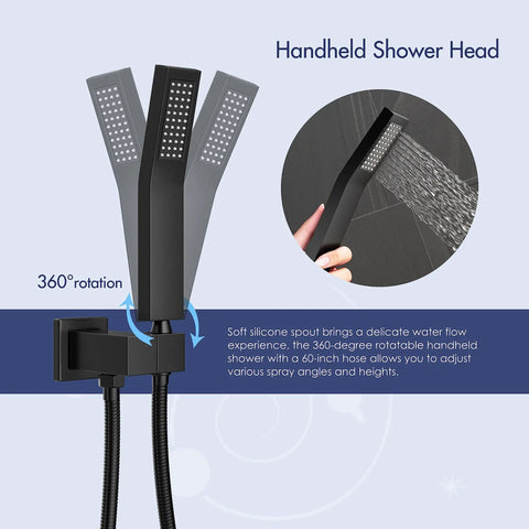 10 Inch Matte Black Shower Set With Square Rain Head And Handheld, Wall Mounted Rainfall Fixtures, handheld shower detail