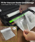 Vacuum Sealer Bags 2 Pack 11x20 Rolls BPA-Free Heavy-Duty in use with vacuum sealer machine, showing customizable size and durability.