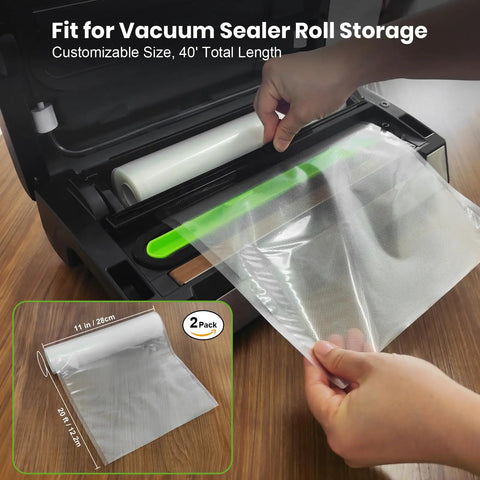 Vacuum Sealer Bags 2 Pack 11x20 Rolls BPA-Free Heavy-Duty in use with vacuum sealer machine, showing customizable size and durability.