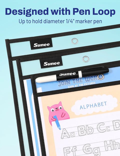 Oversized Dry Erase Pockets With Rings Pack of 30 for Reusable Worksheets shown with pen loop and marker on educational sheet.