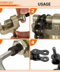 RZEOZU chain breaker tool collage showing handle, screw, and 3mm pin with #35 roller chain links
