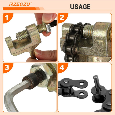 RZEOZU chain breaker tool collage showing handle, screw, and 3mm pin with #35 roller chain links