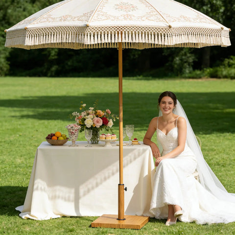 Bride sitting under umbrella shading a table with flowers and desserts, using Beefy 43 Lb Concrete Patio Umbrella Base Teak Brown Square Outdoor Stand.
