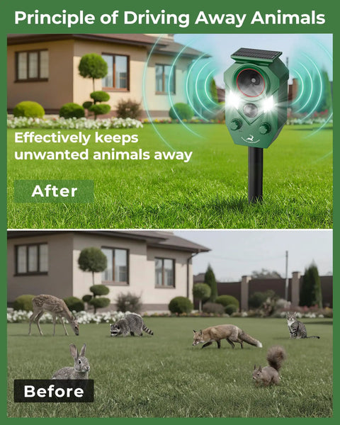 Motion Activated Solar Ultrasonic Animal Repeller With LED Flashing Lights for yard showing animals and device effect