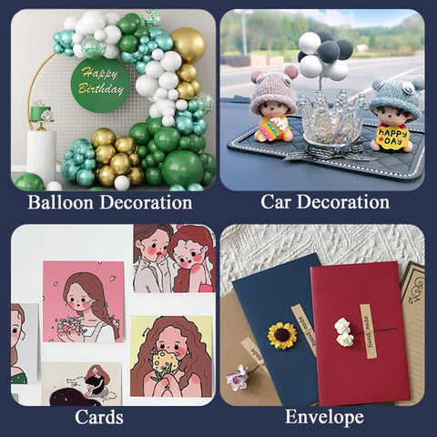 Collage of two sided mounting putty dots used for wall hanging crafts and party decor like balloons, car decor, cards, and envelopes