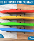 Premium Heavy Duty Kayak Storage Rack Wall Mount System For Garage with colorful kayaks on brick and wood walls.