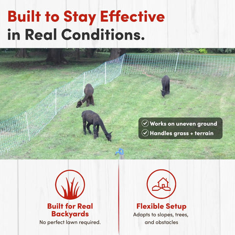 Portable Electric Goat Fence Netting 42 Inch High 168 Feet Long For Goats Sheep And Livestock Anti Predator Fence Roll shown on uneven grass terrain.