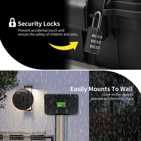 Heavy Duty Outdoor Electrical Box With Tough As Nails IP54 Rain Cover To Keep Your Power Strips Timers And Extension Cords Safe From Wild Weather While Keeping Your Yard Gear Locked And Loaded Year Round In Smooth Black, featuring security locks and wall mount.