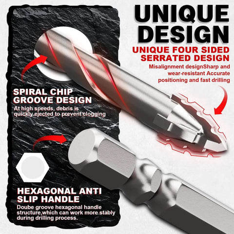 10-piece carbide masonry drill bit set, 6-inch length, 3/16–1/2 inch range, hex shank with serrated design