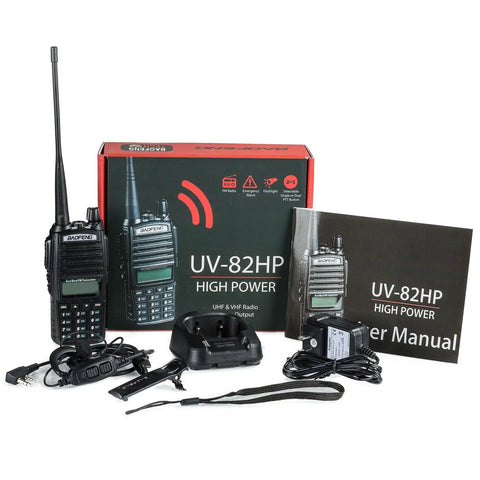 UV 82HP Beefy High Power Dual Band Radio With 136 174 MHz VHF And 400 520 MHz UHF Two Way Radio kit with accessories and manual