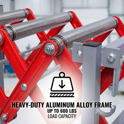 Heavy Duty Flexible Roller Conveyor With 600 Lbs Load Capacity, Extendable Telescopic Belt System For Warehouse Loading Docks And Material Handling Plus Adjustable Height Wheels, red aluminum frame and rollers
