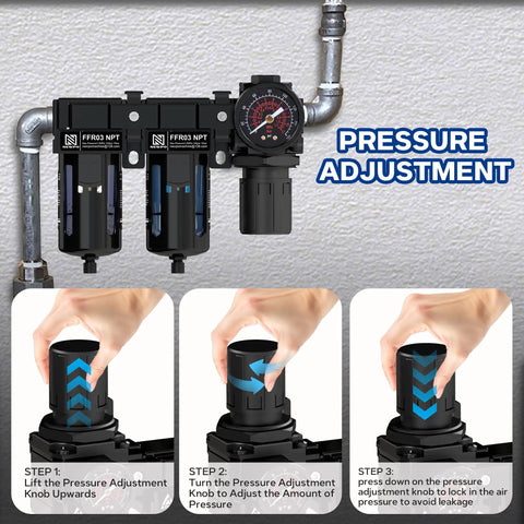 3/8 NPT Air Drying System With Dual Regulator And Metal Bracket Air Pressure Regulator Combo Featuring 5 Micron Filter Cartridges