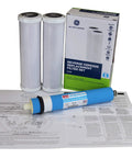Replacement Filter Kit For GXRM10RBL Reverse Osmosis System Includes FX12P Stage 1 And Stage 3 Carbon Filters And TFM24 Or FX12M Stage 2 Membrane No Flow Control Or Screen Retail Box displayed with instructions