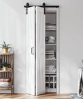 Game Changing 30 Inch Bifold Barn Doors With 34 Inch Hardware Kit Included, white MDF doors showcasing a closet with neatly folded towels.