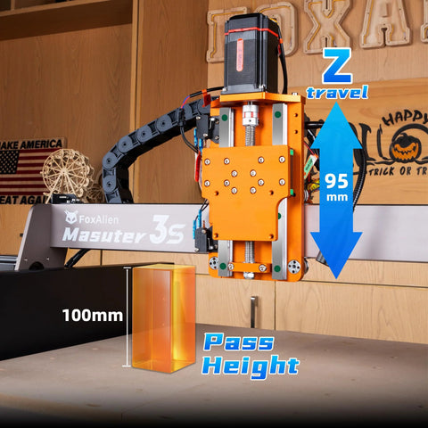 FoxAlien Masuter 3S CNC router machine with orange frame, 95 mm Z-travel and 100 mm pass height