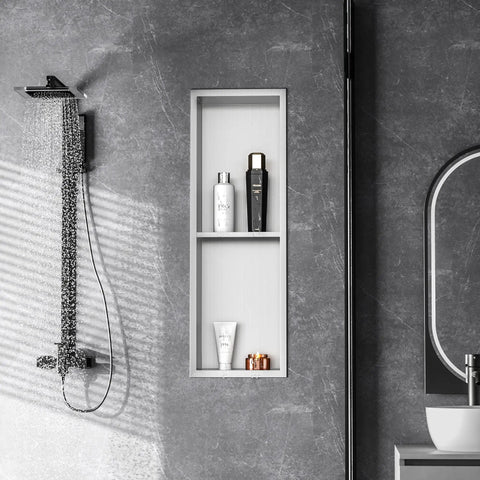 Stainless Steel Shower Niche With Double Shelves And Recessed Install For No Tile Needed Walls 8 Inch By 24 Inch Brushed Nickel Finish