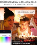 Alexa Ready Color Changing Smart Light Bulbs 2 Pack With Auto Pairing in use at birthday party, illuminating scene.