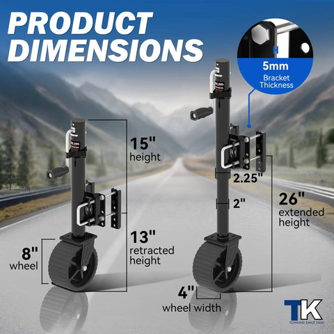 8 Inch Wheel Trailer Jack For RV Boat And Trailer, 2000 Lbs Load Capacity, 13 Inch Lift, 26 Inch Extended Height, Heavy Duty 8x4 Wheel