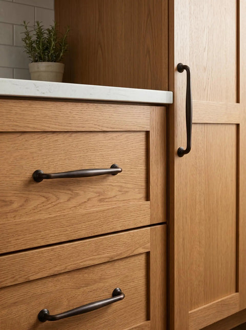 Oil Rubbed Bronze Cabinet Pulls 7 9 16 Inch Centers Six Pack Sleek Transitional Spindle Handles on wooden kitchen drawers
