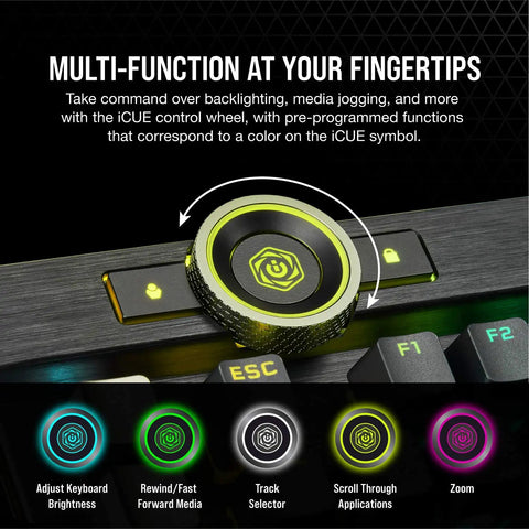 Ultimate Optical Mechanical Gaming Keyboard Blazing Fast OPX Switches showing iCUE control wheel for media control.