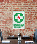Rustproof Aluminum Warning Sign For First Aid Burn Kit Location 8 By 12 Inches With Clear Bold Lettering on brick wall