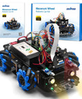 OSOYOO Mecanum Wheel Robotic Car Kit front view with blue wheels, exposed wiring, and circuit board.