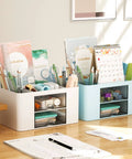Pen Organizer With 2 Drawers For Desk, Multi Functional Pencil Holder With 5 Compartments Top Tray And Notebook Holder