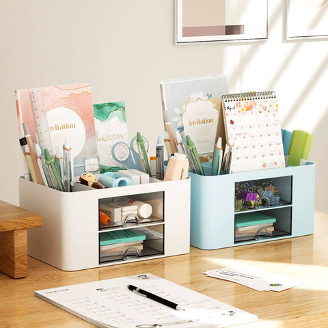 Pen Organizer With 2 Drawers For Desk, Multi Functional Pencil Holder With 5 Compartments Top Tray And Notebook Holder