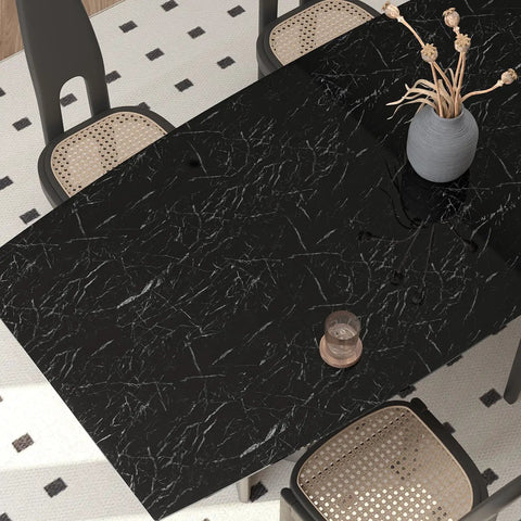 Wide Black Marble Countertop Contact Paper Waterproof Glossy Marble Wallpaper Peel And Stick 32 Inch Wide By 354 Inch Long Self Adhesive Vinyl Film for Kitchen Bathroom Desk Walls Durable Easy Install shown styled on a dining table.