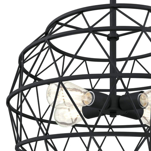 Close-up of Sierra Dope Four Light Indoor Chandelier in matte black finish showing geometric cage and bulbs.