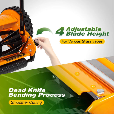 14 Inch Manual Push Reel Lawn Mower With 5 Blade Precision Cutting And Scissor Like Action For Clean Grass Snips, 4 Height Settings For Perfect Lawn Maintenance, Low Effort Yard Work, Quiet And Eco Friendly, orange metal close-up