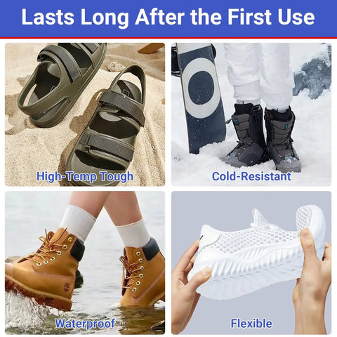 Heavy Duty Shoe Glue For Sole Repair That Delivers A Super Strong Bond For Rubber Boots Sneakers Leather Sandals And High Heels Tough As Nails Built To Last Waterproof Quick Dry Flexible And Clear Adhesive used on various footwear types including sandals, boots, and sneakers.