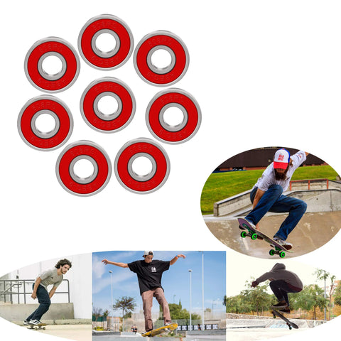 608 bearings with red seals and silver outer ring; 8-pack for skateboards, longboards, inline and roller skates.