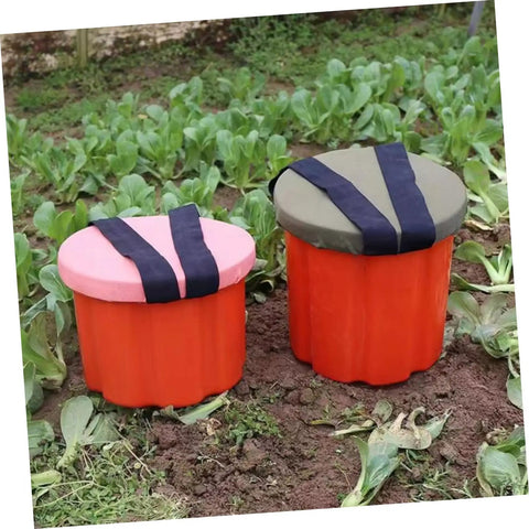 Portable Gardening Wearable Stool Grab And Go Lightweight Foam Work Seat in garden setting, pink and green seats with straps.