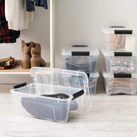Solid Clear Storage Bins With Lids 4 Pack 13 Quart Plastic Containers Stackable Closet Organizers Tapered Nesting Crates Keep Your Stuff Neat Durable Home Organization Setup Made In Usa