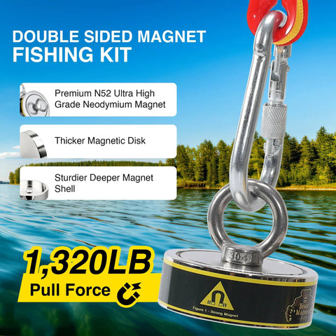 Double-Sided Magnet Fishing Kit With Case And Gear, 1320Lb Neodymium N52 Magnets, detailed view of magnet and carabiner over water.