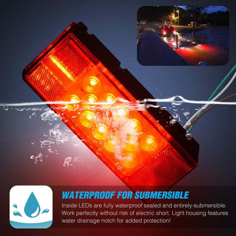 Two Pack Submersible Rectangular LED Stop Tail Turn Signal Side Marker Lights For 12V RVs Trucks Trailers Boats Marine Use