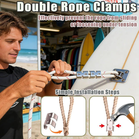 Man securing rope with Six Pack 304 Stainless Steel Rope Clamps with Thimble Fittings, heavy-duty for marine gear setup.
