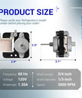 Upgraded Refrigerator Evaporator Fan Motor Replacement W10189703 with dimensions and specifications display