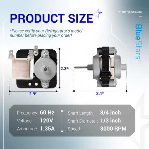 Upgraded Refrigerator Evaporator Fan Motor Replacement W10189703 with dimensions and specifications display