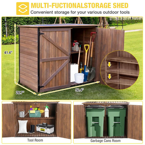Outdoor Storage Cabinet And Trash Can Shed With Metal Frame And Solid Wood Panels Durable Garden Organizer showcasing open front view with shelves and garden tools inside.
