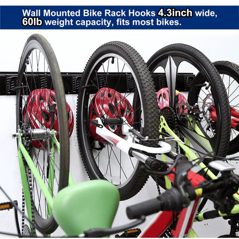 Wall Mount Bike Storage Rack For 5 Bikes And 3 Helmets, Heavy Duty Indoor Garage Organizer with bikes mounted, close-up view.