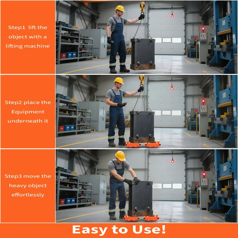 Heavy Duty Machinery Mover Skate Dolly With 6 To 12 Ton Capacity, Four Pu Swivel Wheels & Reinforced Carbon Steel Frame For Industrial Equipment, Factory Warehouse Moves in use for lifting and moving heavy equipment.