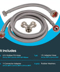 Steam Dryer Hookup Kit With 3/4 Inch FHT Fill Hose 90 Degree Elbow And 6 Ft Braided Stainless Steel Hoses For Leak Free High Pressure Dryer Connection Model 41025, showing coiled stainless steel hoses, Y-connector, and elbow adapter.