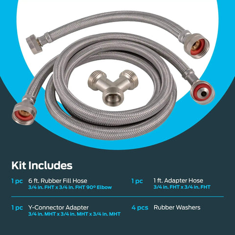 Steam Dryer Hookup Kit With 3/4 Inch FHT Fill Hose 90 Degree Elbow And 6 Ft Braided Stainless Steel Hoses For Leak Free High Pressure Dryer Connection Model 41025, showing coiled stainless steel hoses, Y-connector, and elbow adapter.