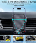 Auto Clamp Wireless Car Charger Mount, 15W Fast Charging on dashboard, stability and anti-shake features displayed