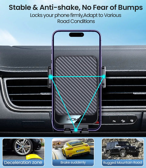 Auto Clamp Wireless Car Charger Mount, 15W Fast Charging on dashboard, stability and anti-shake features displayed