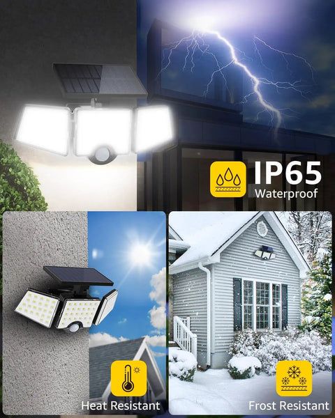 Outdoor Solar Motion Sensor Flood Light With 3 Adjustable Heads Beast Bright 1000lm 6500K Daylight mounted on exterior wall