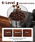 6-Level Adjustable Burr Grinder with coffee beans ready for grinding for Badass 20 Bar Espresso Machine With Led Touch Control And Adjustable Burr Grinder For Pro Extraction Killer Crema Smooth Drip Coffee Cold Brew Milk Frothing And 50 Oz Tank.